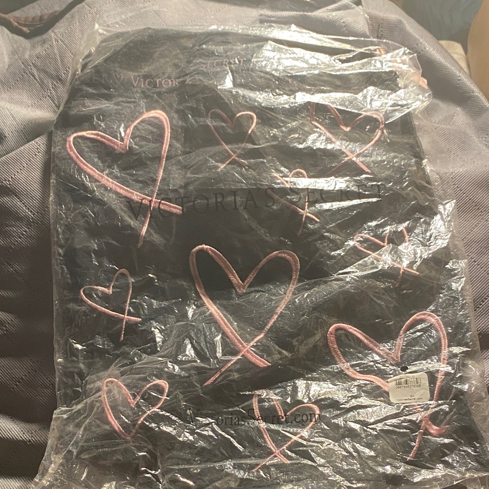 Victoria's Secret Mesh Black Lingerie Drawstring Tote with Pink Heart Embroidery - Picture 3 of 3